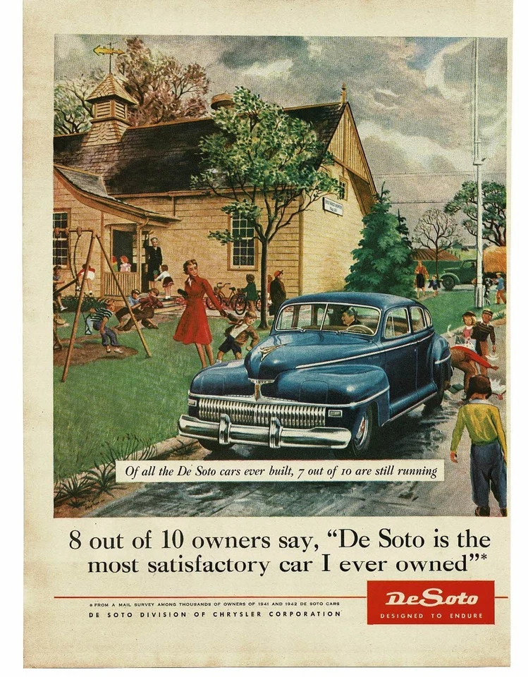 DeSoto 1942 azul de lujo sedán dejando caer niños en la escuela 1945 anuncio impreso vintage Foto 1 de 1