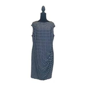CHAPS Women's Dress Sleeveless Mock Faux Wrap Jersey Geo Blue White Size 18W - Picture 1 of 7