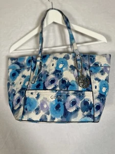 GUESS Tote Purse Blue/White Romantic Watercolor Design Y2K Chrome Tag - Picture 1 of 23