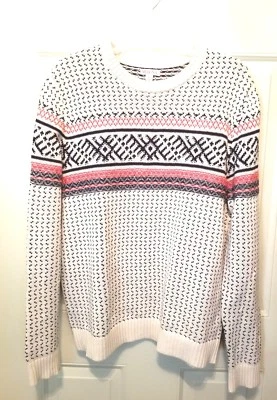  Nice Warm  MERONA  Size L Crew Neck Sweater Beige Blue Red Cotton  - Image 1 of 4