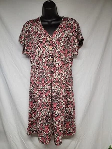 PS Kate button front short sleeve slip on dress black w/ pink floral print sz L - Picture 1 of 10