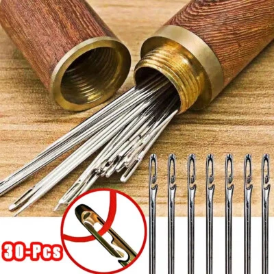 SET 30 AGHI IN ACCIAIO INOX CON FORO LATERALE E CUSTODIA IN LEGNO PER CUCITO - Immagine 1 di 4