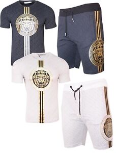 Mens Cotton T Shirt + Polyester Shorts Set LION Stripe PRINT Tracksuit Summer 