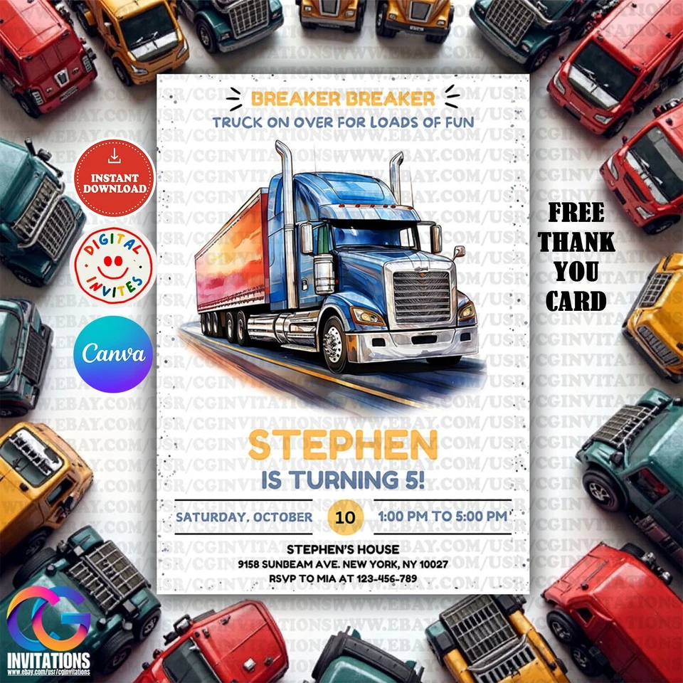 Invitación de cumpleaños de camión azul editable, invitación de cumpleaños de camión semi camión Foto 1 de 4