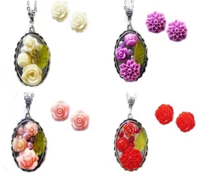 Rose Garden collage miniature mosaic necklace and earrings, clip on pierced - Picture 1 of 7