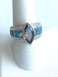 14K YELLOW GOLD SMOKY QUARTZ, TOPAZ AND DIAMOND COCKTAIL RING SIZE 9 - Picture 1 of 12