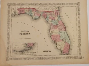 Antik orig. 1865 Johnson Atlas Karte Florida handkoloriert Schlüssel Miami Bürgerkrieg - Bild 1 von 11