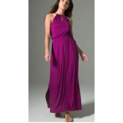 SOMA WKND Keyhole Drawstring Maxi Halter Dress Soft Jersey Shelf Bra Magenta S - Image 1 of 4