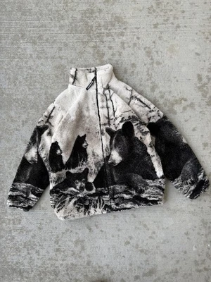 Jaqueta de lã gráfica vintage anos 90 ursos pretos estampa total feita nos EUA tamanho médio - Imagem 1 de 4