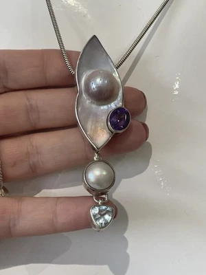 Large Sterling Silver Baroque Pearl Amethyst Aquamarine Pendant 18" Snake Chain - Image 1 of 4