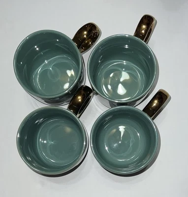 JUEGO DE 4 TAZAS DE GRES ESMALTADO UMBRAL - VERDE AZULADO Y ORO METÁLICO Foto 1 de 3