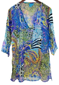 C2 Aqua Blue India Sheer Multicolor Chiffon Embellished Tunic Top M V Neck Dress - Picture 1 of 10