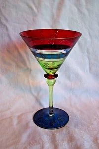 Pier 1 Ruby Green Blue Stripe Martini Glass Gold Trim See Pics - Picture 1 of 5