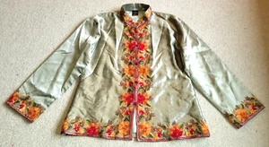 Womens Jacket-SACRED THREADS-gold satin rayon multi floral embroidered BOHO-M/L - Picture 1 of 6
