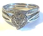 925 Sterling Silver Heart .16Ct Halo Diamond Engagement Ring Wedding Band Set