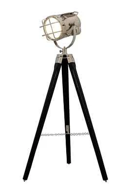 Proyector náutico cromado y negro trípode de madera marítimo foco vintage Foto 1 de 4
