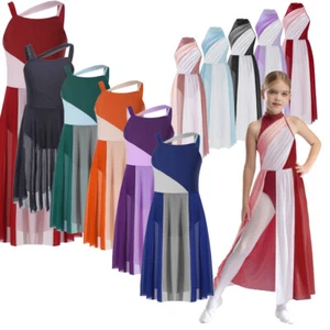 Kids Girls Lyrical Ballet Dance Dress Color Block Gymnastic Leotard Dancewear - Picture 1 of 118
