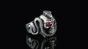 Skull  Ring With Cobra Turkish Handmade  925 Sterling Silver  Men's 12.5  us - Picture 1 of 4