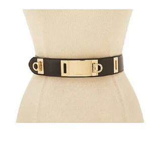 $575 NEW Salvatore Ferragamo Sz 34" Gold Double Gancino Lock Black Leather Belt - Picture 1 of 12