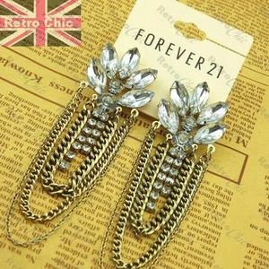 4"long BIG CHAIN CHANDELIER EARRINGS vintage gold fashion FOREVER 21 rhinestone - Picture 1 of 6