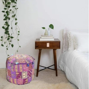 Indian Ottoman Round Stool Pouf Cover Patchwork Pouffe Footstool Cover Storage - Picture 1 of 6