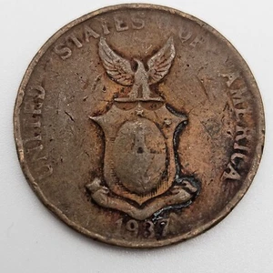 1937-M 1 Centavo Fine Details Philippines US Manila Mint Bronze Coin One USA - Picture 1 of 2