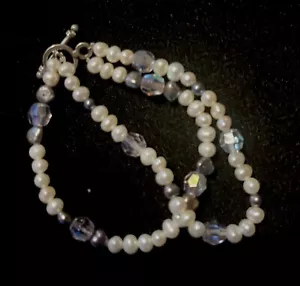 Bracciale doppio filo fatto a mano perle artistiche e cristalli vintage - Foto 1 di 2