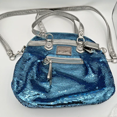 Limited Edition Coach Poppy 16303 Turquoise Sequin Bag w/ Silver Strap Foto 1 de 4