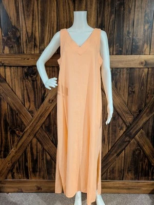 NWT DKNY Linen Maxi Dress Size M V Neck Peach Pink Shift Minimalist Casual - Image 1 of 4