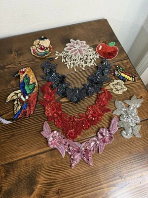 Lote de apliques vintage bordados grandes flores cuentas lentejuelas parche cuello payaso Foto 1 de 4