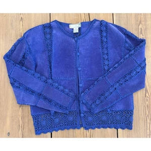 Vintage S.M.H Boutique Suede Crochet Jacket Periwinkle Blue Medium Grannycore - Picture 1 of 5