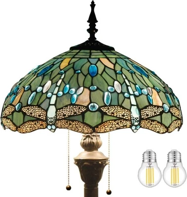 Tiffany Floor Lamp Sea Blue Stained Glass Dragonfly Standing Reading Light 16... - Image 1 of 4