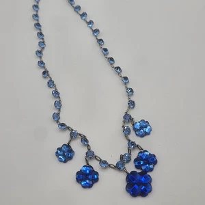 Vintage Czech Glass Necklace Bezel Set Open Back Blue Rhinestone Flowers 20" - Picture 1 of 16
