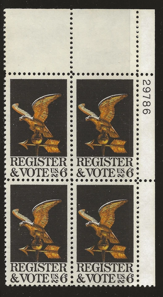 US Scott #1344, Plate Block #29786 1968 Vote 6c FVF MNH Upper Right - Image 1 of 1