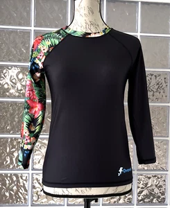 OVOVOD NWT Girls' Black Multicolor Print Long Sleeve Rash Guard Top Size 11-12 - Picture 1 of 11