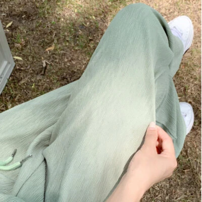 Lady Thin Straight Wide-leg Pants Drawstring Elastic Waist Faux Silk Ruched Soft - Image 1 of 4