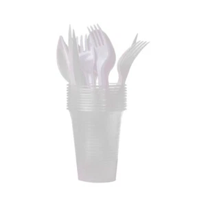 White Plastic Cutlery Set of Knives Forks Spoons Water Cups Reusable Party - Picture 1 of 19