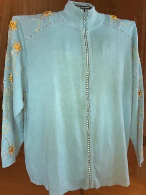 Quacker Factory 2X Full Zip Cardigan Blue Gold Stars Beaded Embellished NWT New - Image 1 of 4