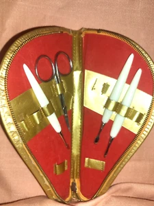 Vintage Manicure Set in Gold-Tone Zipper Case, Partial Contents, Clean, Nice. - Picture 1 of 13