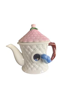 Planter Birdhouse Teapot Planter Blue Bird Pink Flower Lid - Picture 1 of 2