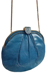 VINTAGE JUDITH LEIBER CLUTCH EVENING SHOULDER BAG BLUE SKIN GOLD CHAIN & FRAME - Picture 1 of 9