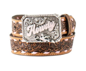 New! Youth girl's Angel Ranch LEATHER BELT w/ 'HOWDY' BELT BUCKLE in 3 SIZES! - Picture 1 of 7