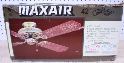 Nice New Old Stock NOS 42" MAXAIR Bright Brass Ceiling Fan W/ Faux Wood Blades - Image 1 of 4