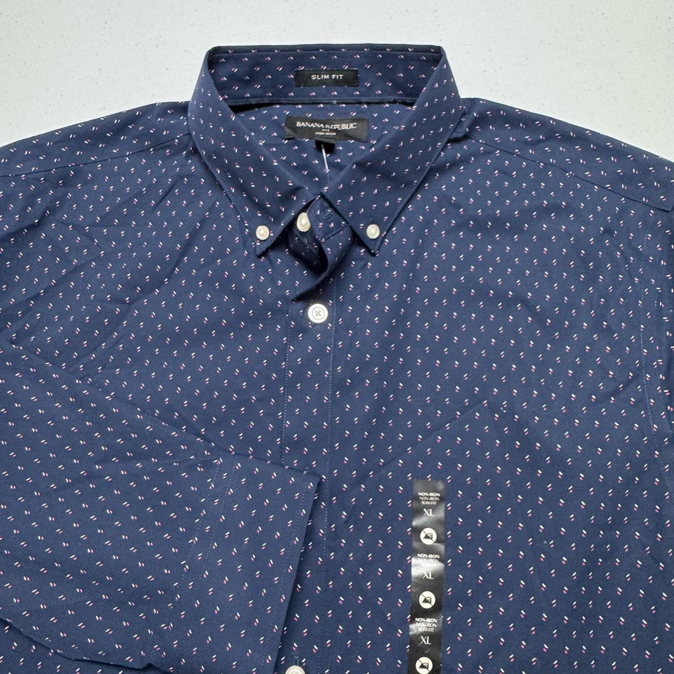 Camisa Banana Republic Para Hombres XL Azul Sin Hierro Calce Ajustado Patrón Vestido con Botones Foto 1 de 4