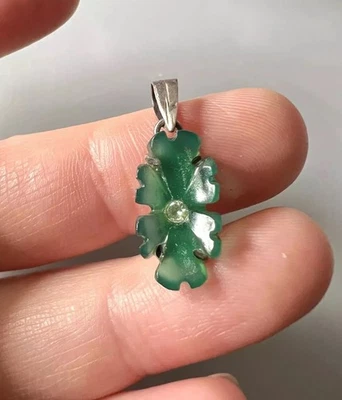 Antique Sterling Silver Hand Carved Flower Green Chalcedony Delicate Pendant - Image 1 of 4