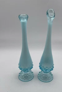 Vintage Fenton Set Of 2 Blue Opalescent Hobnail Swung Bud Vases 9” And 10” - Picture 1 of 11