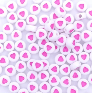 100 White With Pink Heart Beads, 100 Round Beads With Pink Heart Beads - Picture 1 of 4