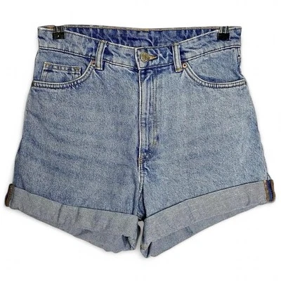MONKI Blue Wash Roll Hem High Waist Denim Jean Shorts W27 (6-8) | Grunge Autumn - Image 1 of 4