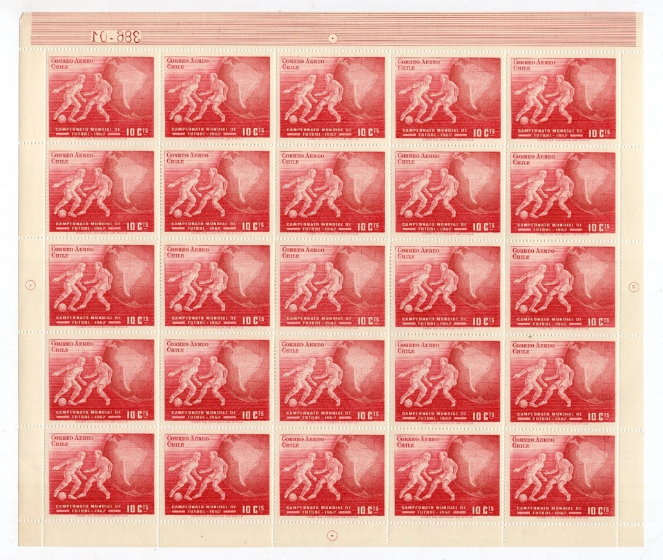 CHILE 1962 Futbol football World cup 10c red MNH plate number 386-01 full sheet - Image 1 of 1