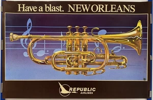 Original Vintage Poster REPUBLIC AIRLINES NEW ORLEANS Travel Trumpet Jazz 1980s - Picture 1 of 3